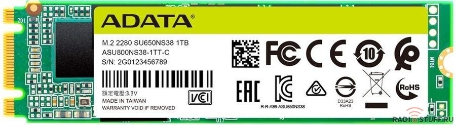 M.2 2280 1TB ADATA SU650 Client SSD [ASU650NS38-1TT-C] SATA 6Gb/s, 550/510, IOPS 80/60K, MTBF 2M, 3D TLC