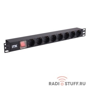 Блок розеток, 8 розеток, нем. ст, с LED выключателем, 1U, без шнура, вилка С14, ITK